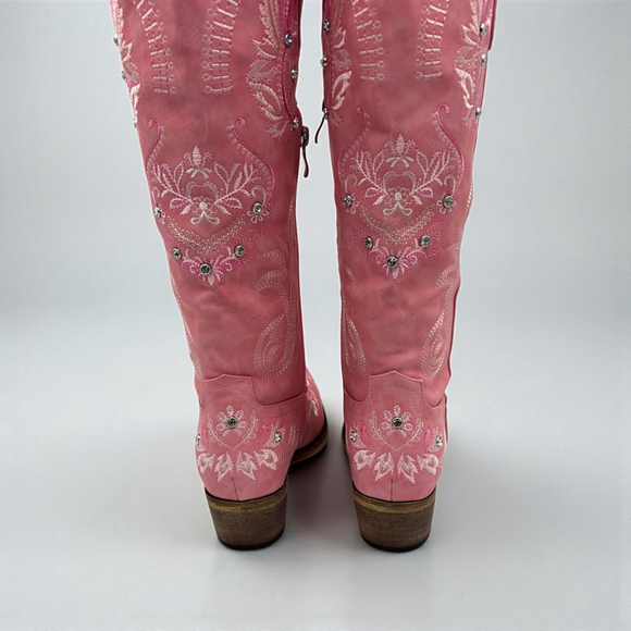Wide Calf Pink Embroidered Rhinestone Cowboy Boots Knee High Snip Toe 8.5 NWB - Picture 8 of 16